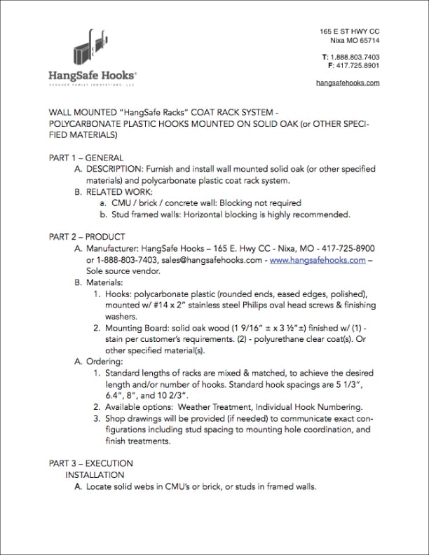 HangSafe Racks 3-part specifications document